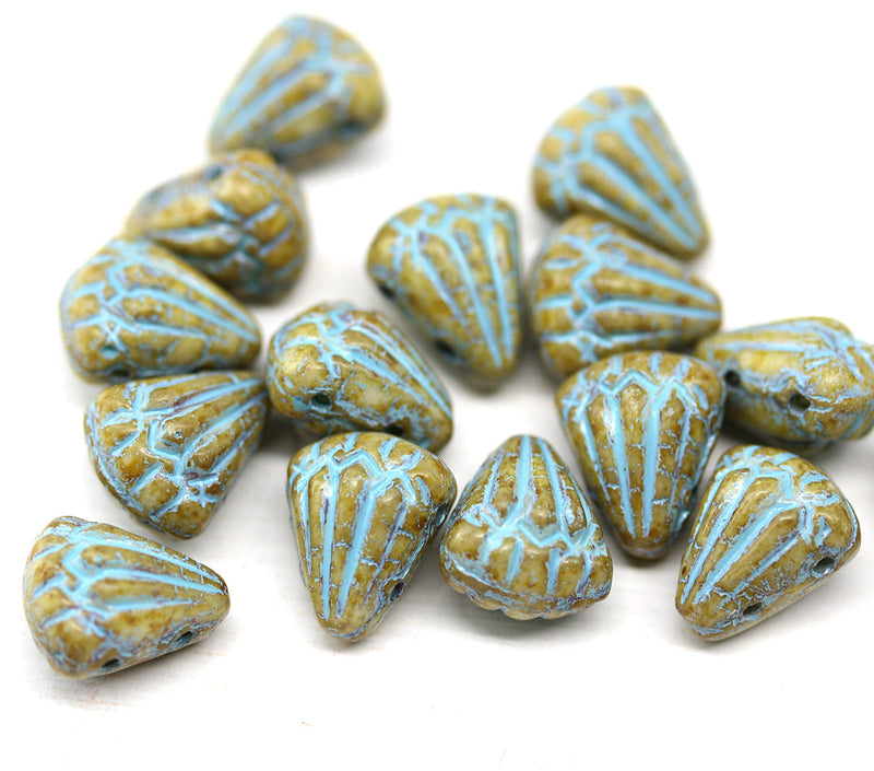 Lotus Czech glass beads Picasso Beige Blue: two hole
