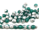 4mm Teal frosted czech glass fire polished beads, silver coating