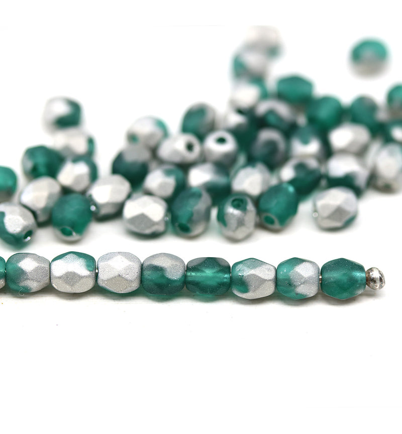 4mm Teal frosted czech glass fire polished beads, silver coating