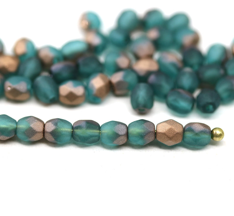 4mm Teal frosted czech glass fire polished beads, copper coating, 50Pc