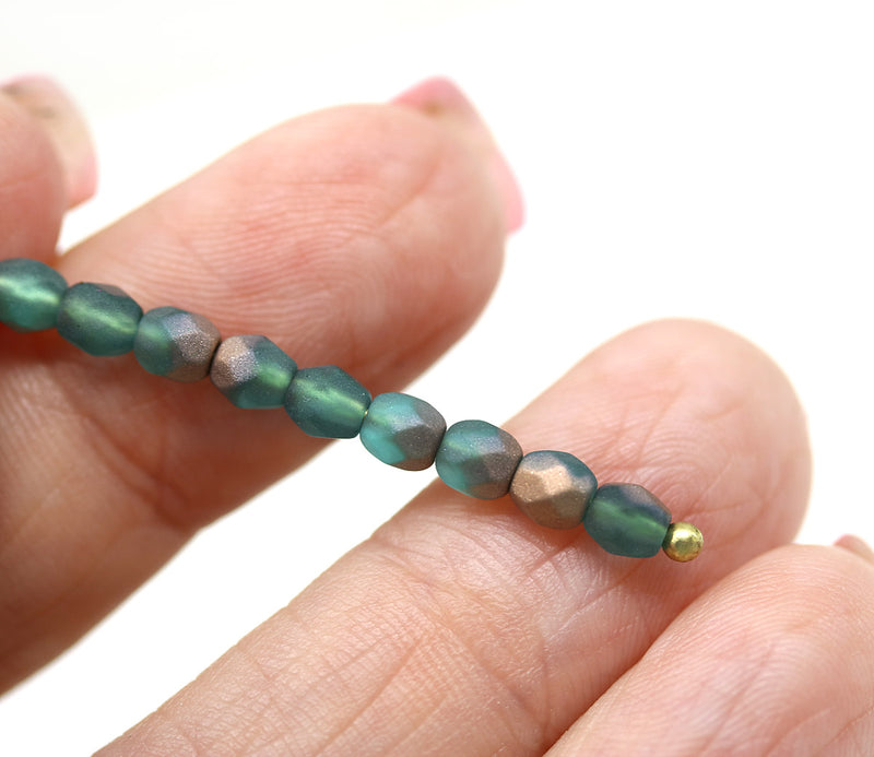 4mm Teal frosted czech glass fire polished beads, copper coating, 50Pc