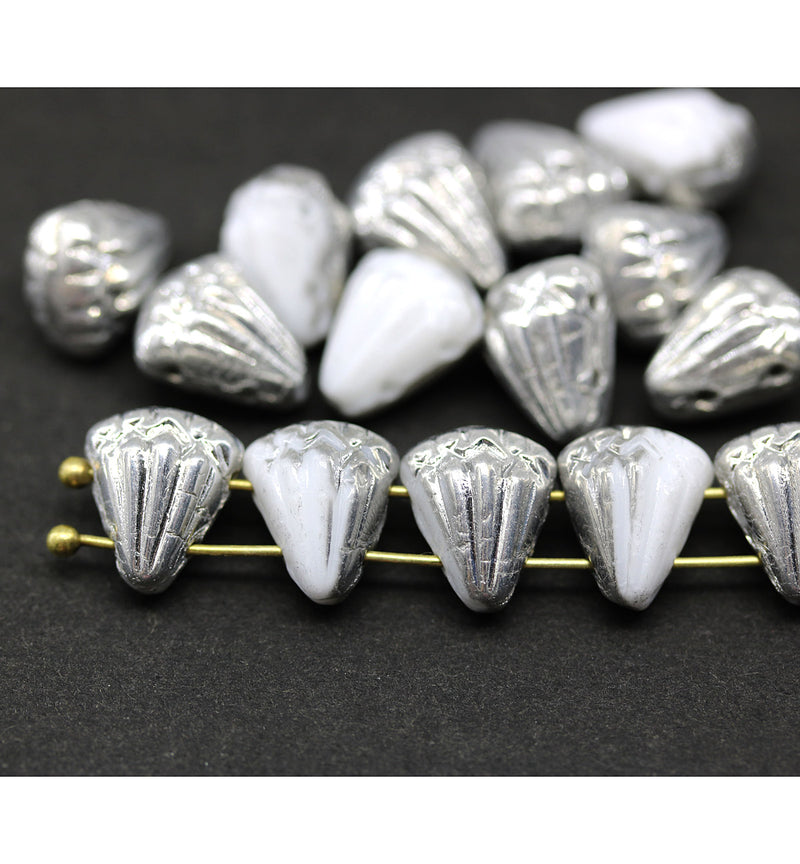 Lotus czech glass beads White Silver luster: two hole