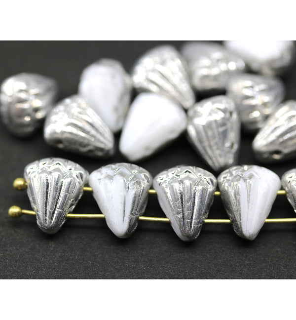 Lotus czech glass beads White Silver luster: two hole