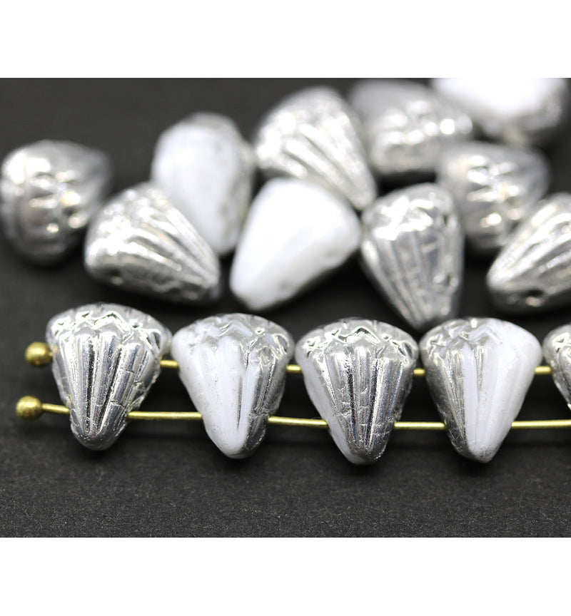 Lotus czech glass beads White Silver luster: two hole