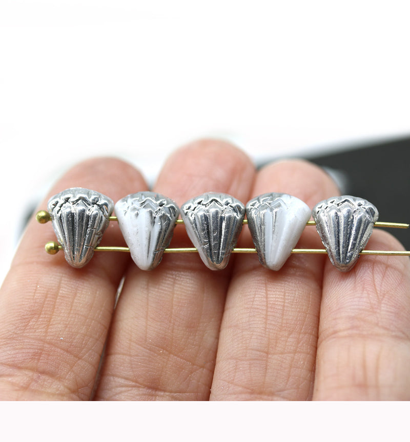 Lotus czech glass beads White Silver luster: two hole