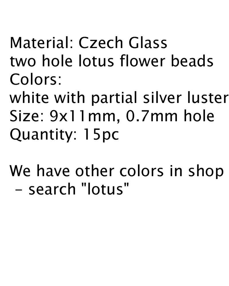 Lotus czech glass beads White Silver luster: two hole, 15pc