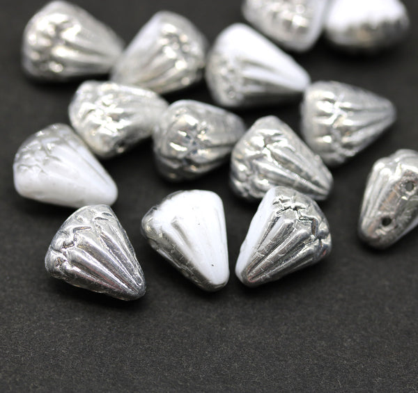 Lotus czech glass beads White Silver luster: two hole