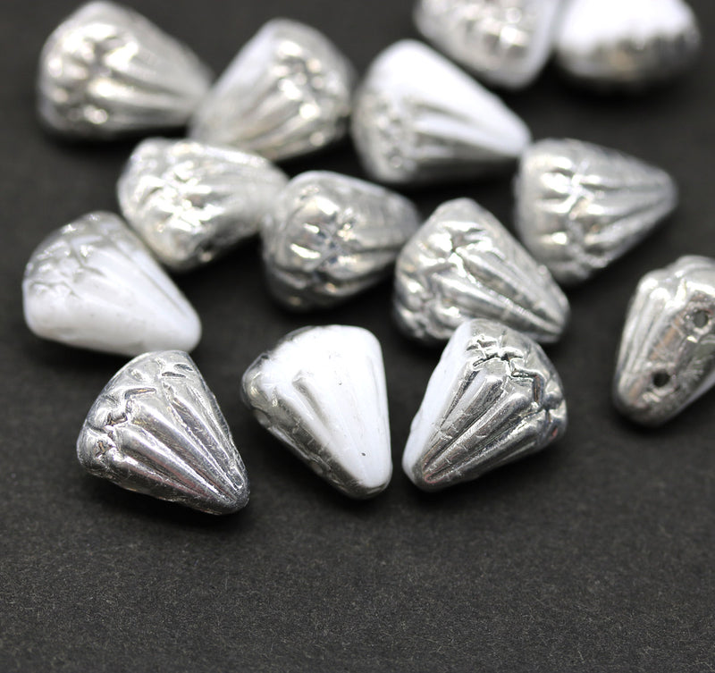 Lotus czech glass beads White Silver luster: two hole
