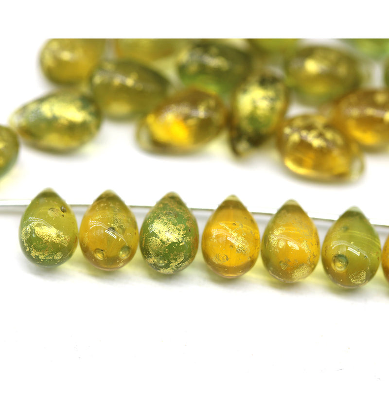 6x9mm Yellow green teardrops Czech Glass drop beads Golden Flakes 
