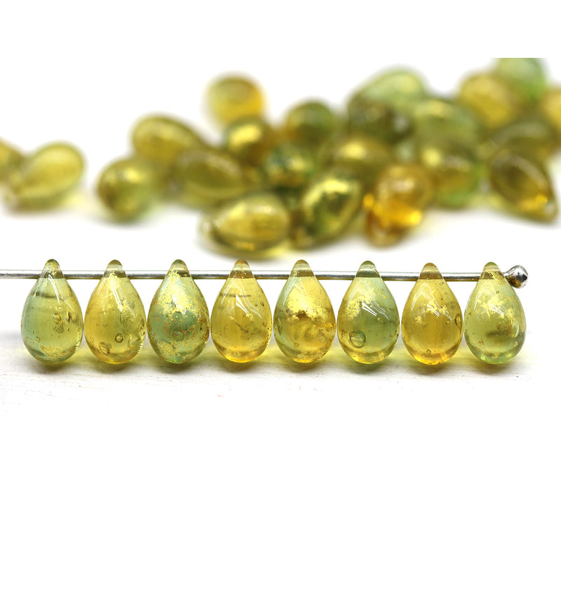 6x9mm Yellow green teardrops Czech Glass drop beads Golden Flakes 