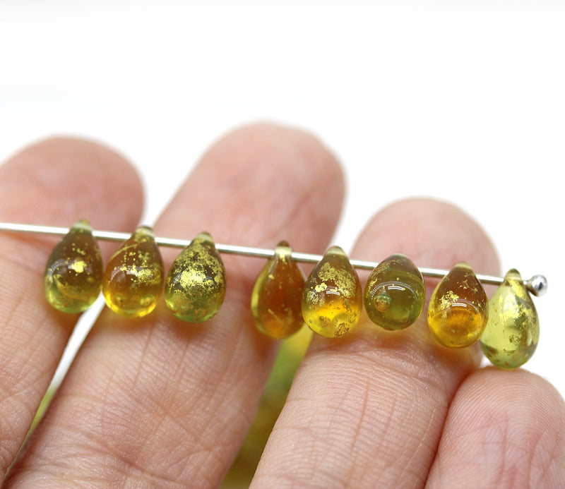 6x9mm Yellow green teardrops Czech Glass drop beads Golden Flakes 