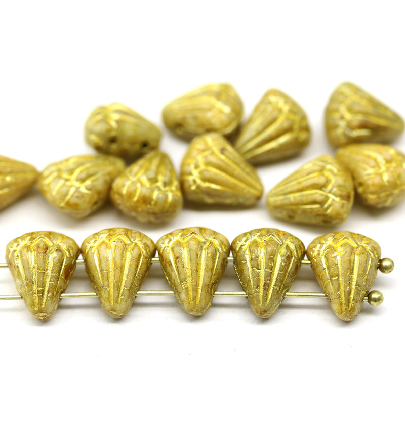 Lotus czech glass beads Yellow Gold: two hole, 15pc