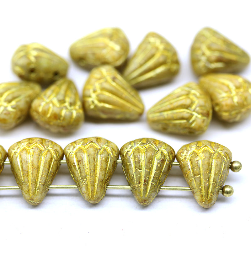 Lotus czech glass beads Yellow Gold: two hole, 15pc