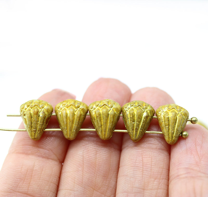 Lotus czech glass beads Yellow Gold: two hole, 15pc