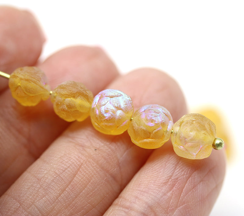 7mm Rose Bud Czech Glass Beads Frosted Yellow 20pc