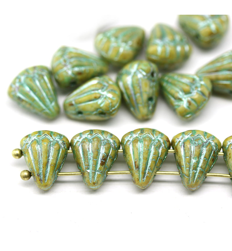 Lotus czech glass beads Picasso Yellow Green: two hole, 15pc