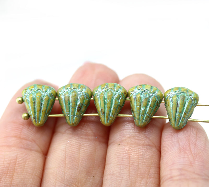 Lotus czech glass beads Picasso Yellow Green: two hole, 15pc