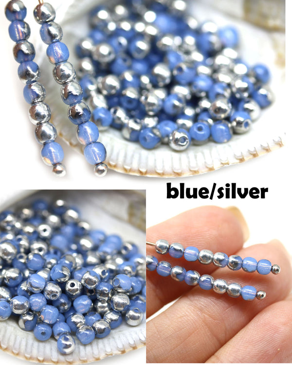 3mm Periwinkle blue silver beads Czech glass small druk spacers, 8g
