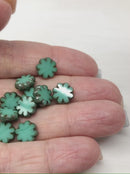 9mm Turquoise green flower czech glass flat daisy beads travertine picasso finish - 10pc