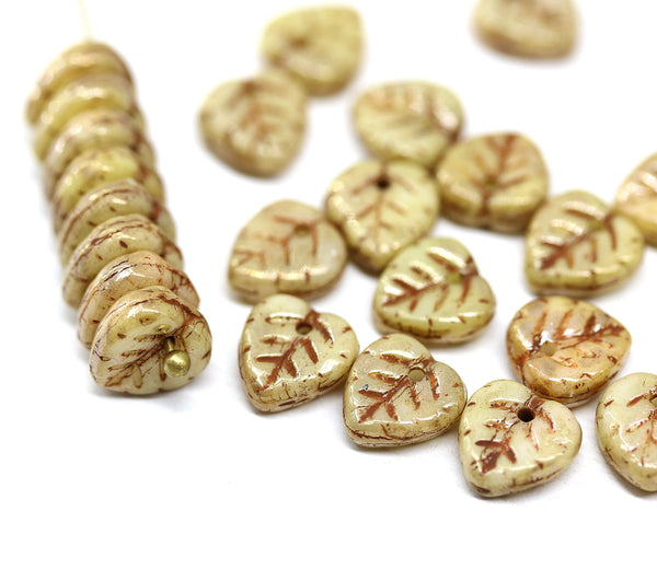 9mm Brown beige leaf beads, Heart shaped glass triangle leaf, picasso finish, 30pc