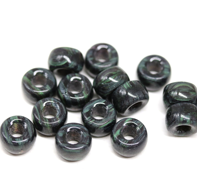 9mm Black green czech glass pony beads, 3mm hole - 15pc