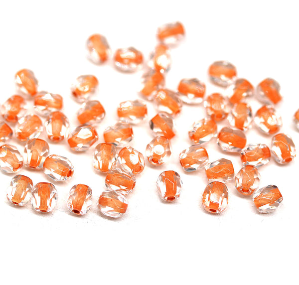 4mm Crystal clear czech glass beads, orange holes, fire polished - 50Pc