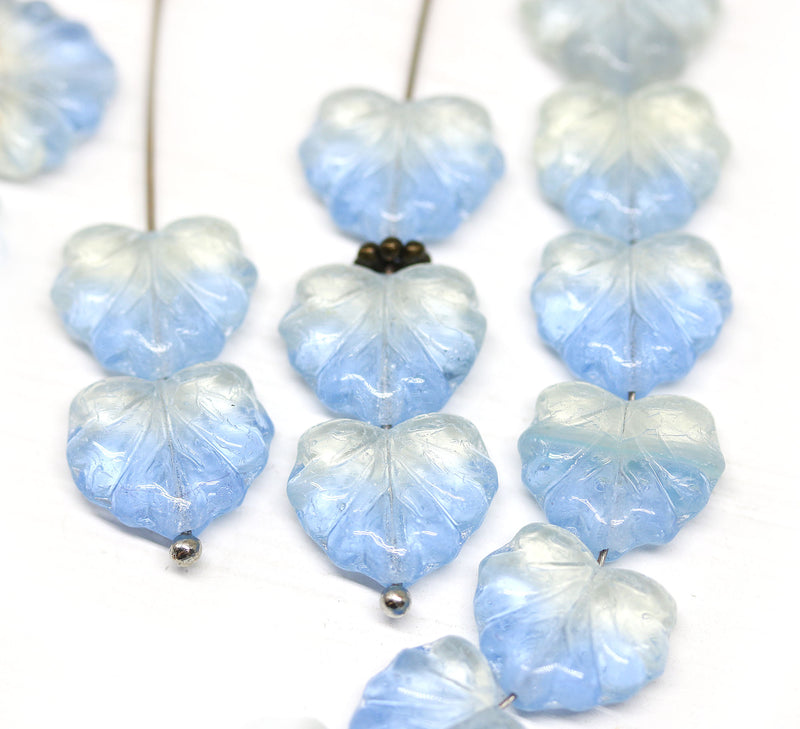11x13mm Light blue maple leaf beads, Czech glass, 15pc