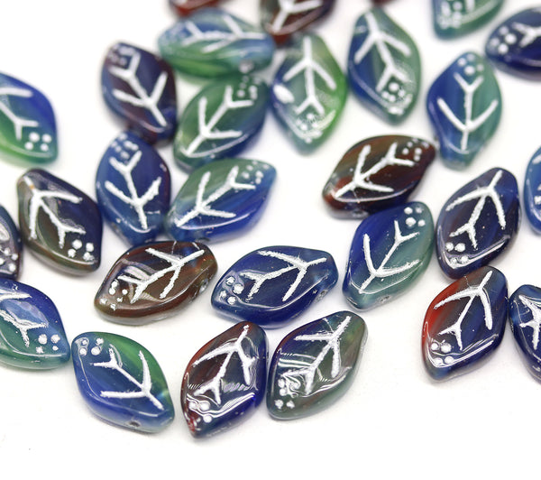 12x7mm Dark blue green red Czech glass beads silver inlays, 30pc