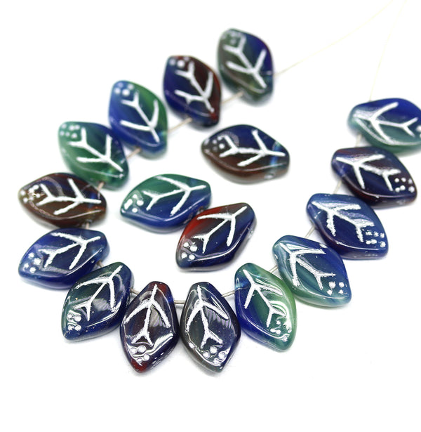 12x7mm Dark blue green red Czech glass beads silver inlays, 30pc