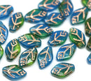 12x7mm Mixed blue green Czech glass beads copper inlays, 30pc