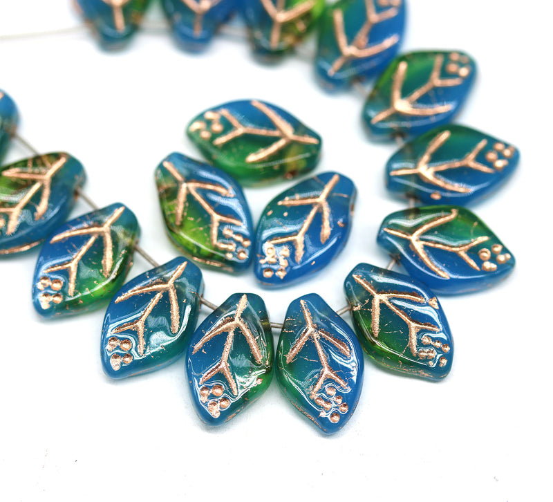 12x7mm Mixed blue green Czech glass beads copper inlays, 30pc