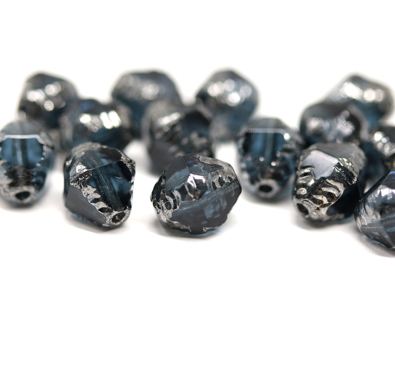 8x6mm Montana blue bicone czech glass beads with silver edges - 15Pc