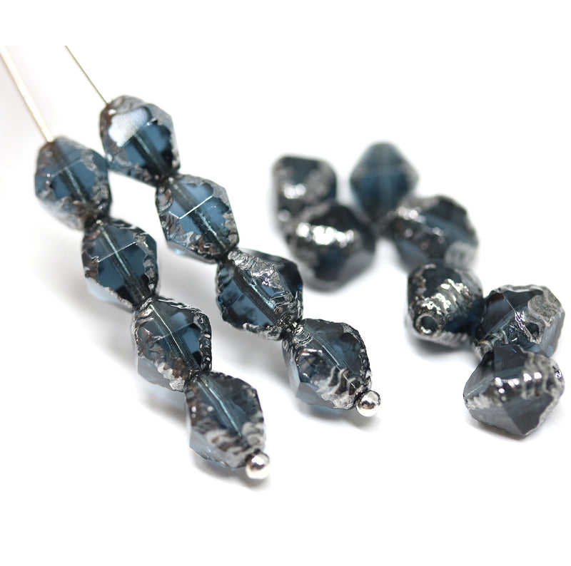8x6mm Montana blue bicone czech glass beads with silver edges - 15Pc