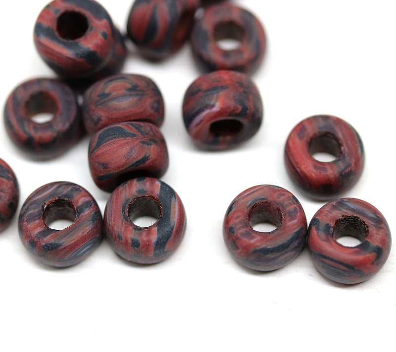 9mm Black red matte czech glass pony beads, 3mm hole - 15pc