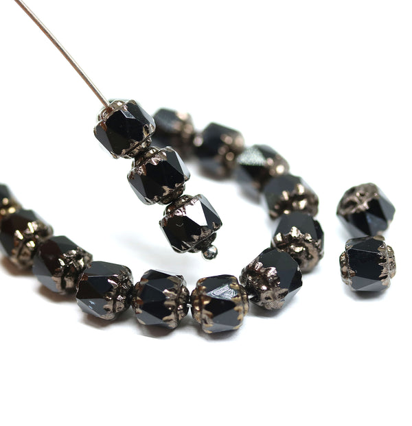 6mm Black cathedral Czech glass beads, dark copper ends - 20Pc