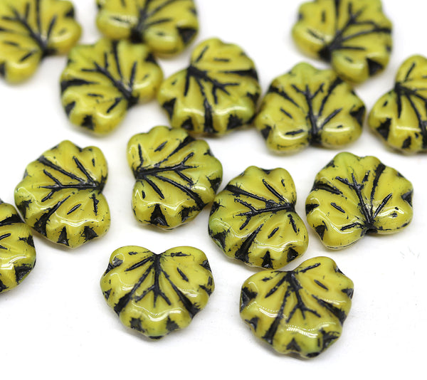 11x13mm Yellow black maple czech glass leaf beads, 15pc