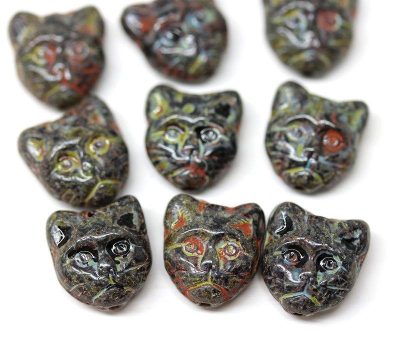 10pc Black cat head beads picasso czech glass feline beads