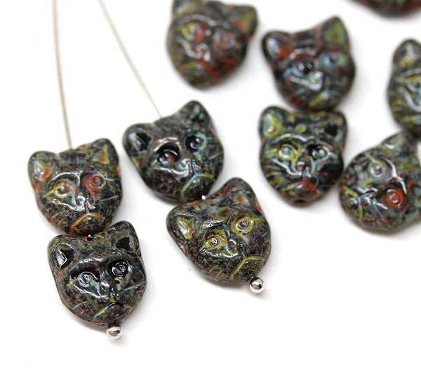 10pc Black cat head beads picasso czech glass feline beads