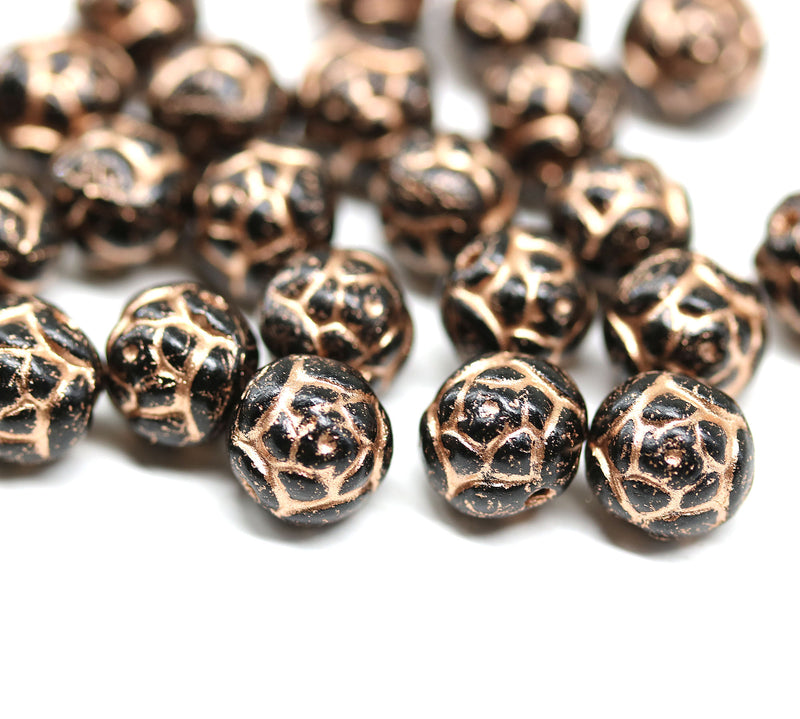 7mm Black rose bud beads, copper wash rose flower round bead, 30pc