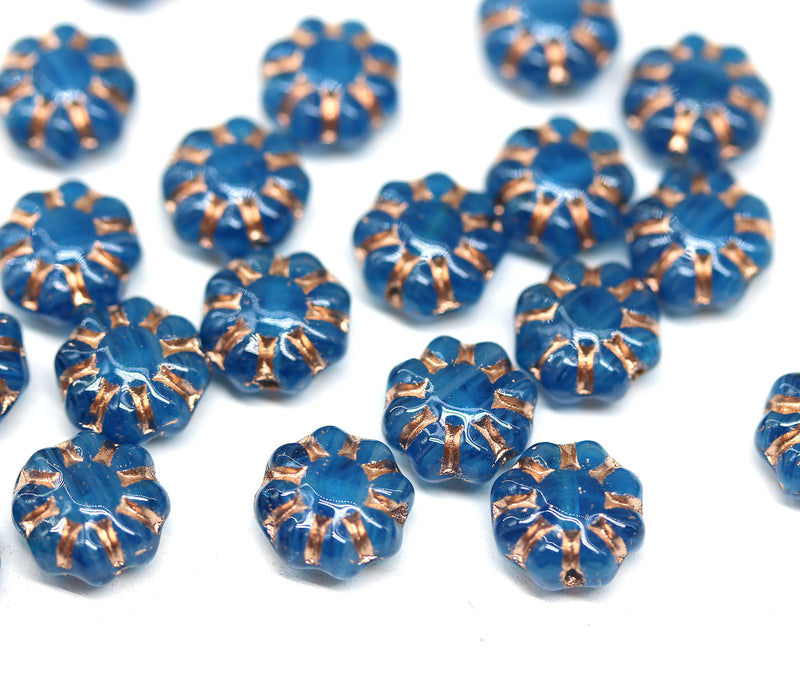 9mm Dark opal blue czech glass daisy beads copper inlays, 20Pc