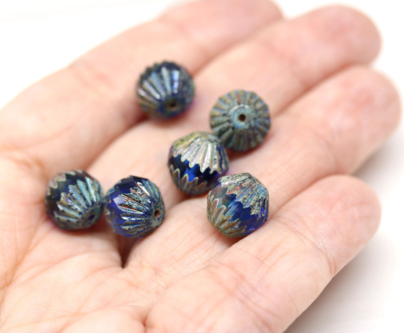 11mm Large bicone beads Picasso finish dark blue - 6pc
