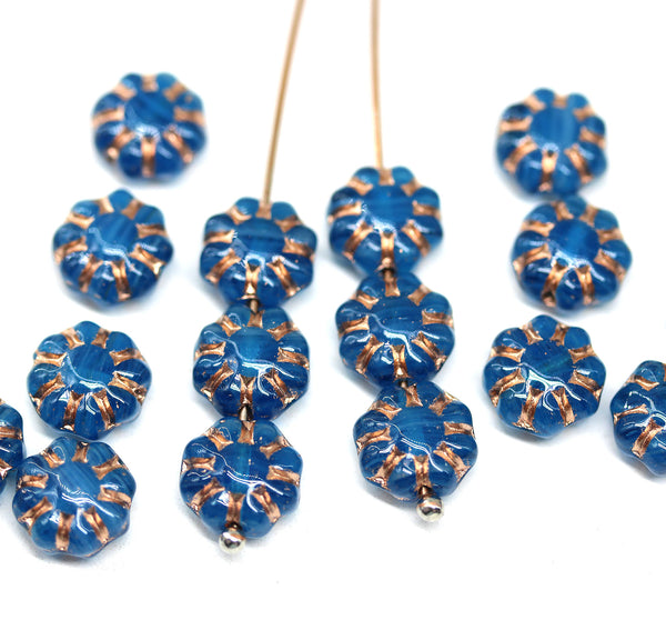 9mm Dark opal blue czech glass daisy beads copper inlays, 20Pc