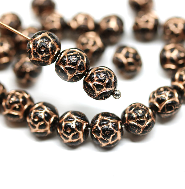 7mm Black rose bud beads, copper wash rose flower round bead, 30pc