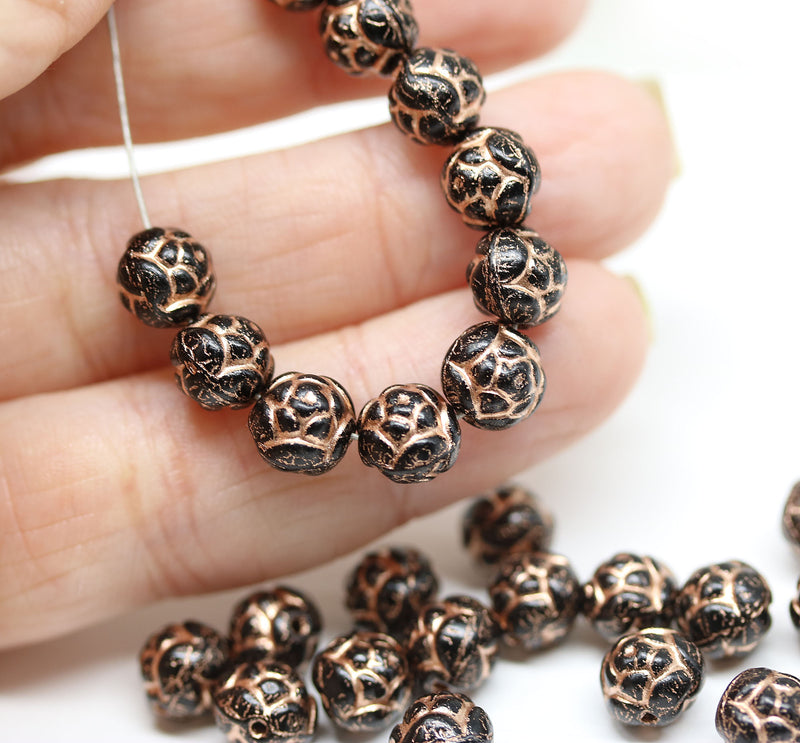 7mm Black rose bud beads, copper wash rose flower round bead, 30pc
