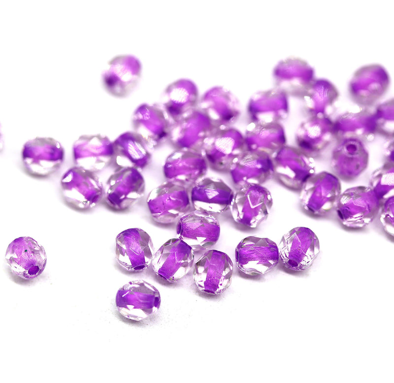 4mm Crystal clear czech glass beads, purple pink holes, fire polished - 50Pc