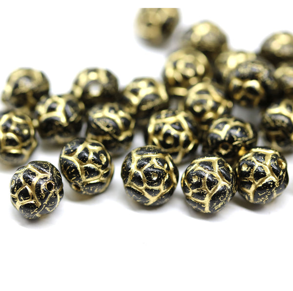 7mm Black rose bud beads, gold wash rose flower round bead, 30pc