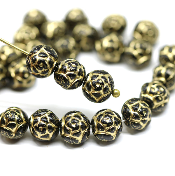 7mm Black rose bud beads, gold wash rose flower round bead, 30pc