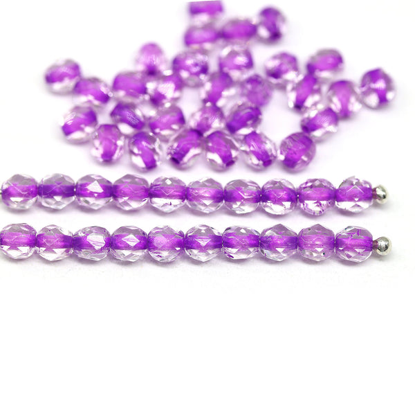 4mm Crystal clear czech glass beads, purple pink holes, fire polished - 50Pc