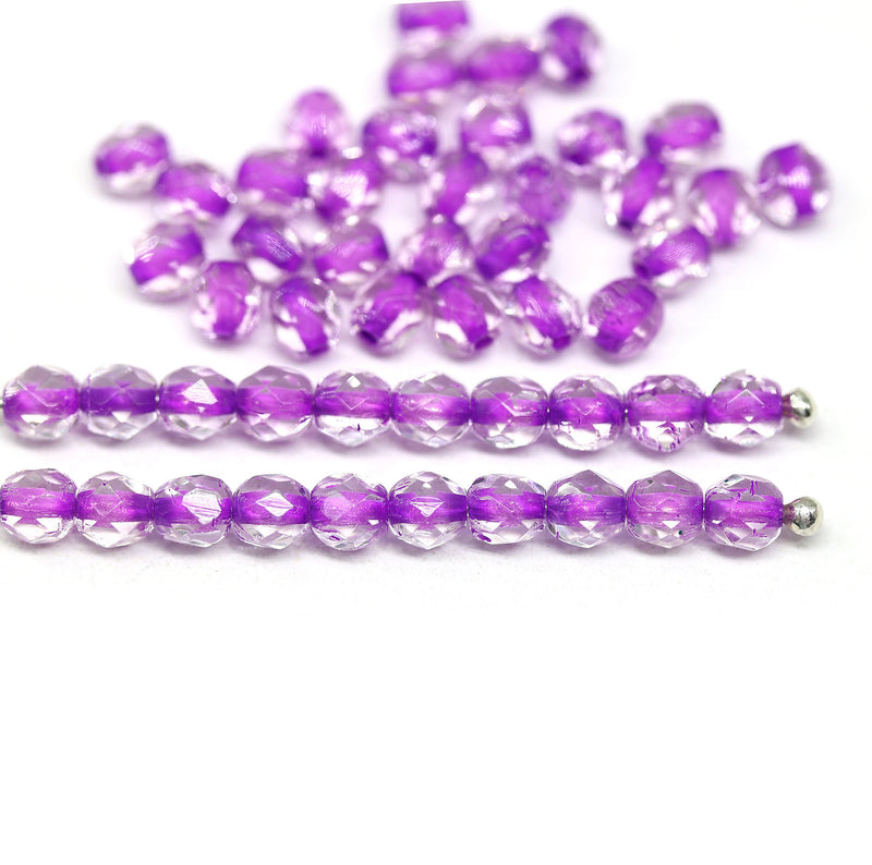4mm Crystal clear czech glass beads, purple pink holes, fire polished - 50Pc