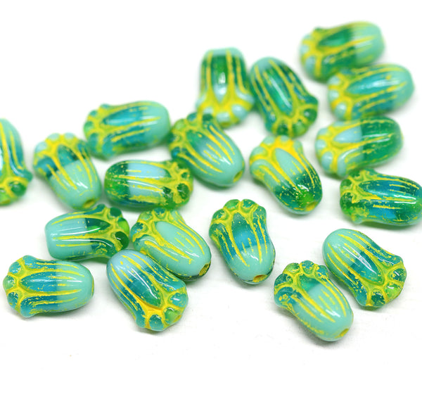 12x8mm Green yellow tulip beads, Czech glass flower - 20Pc